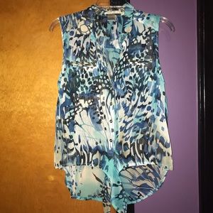 Tie front blue watercolor button down top